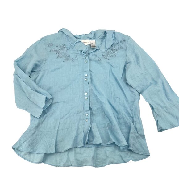 Liz Claiborne Womens Light Blue Linen Embroidered Blouse Size L 3/4 Sleeve Butto - Picture 1 of 7